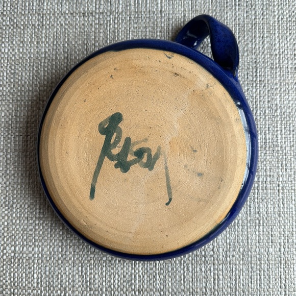 Studio Pottery Handmade Candle Holder Artist Signed Colbalt Blue w/ Pastel Swirl - Picture 6 of 9